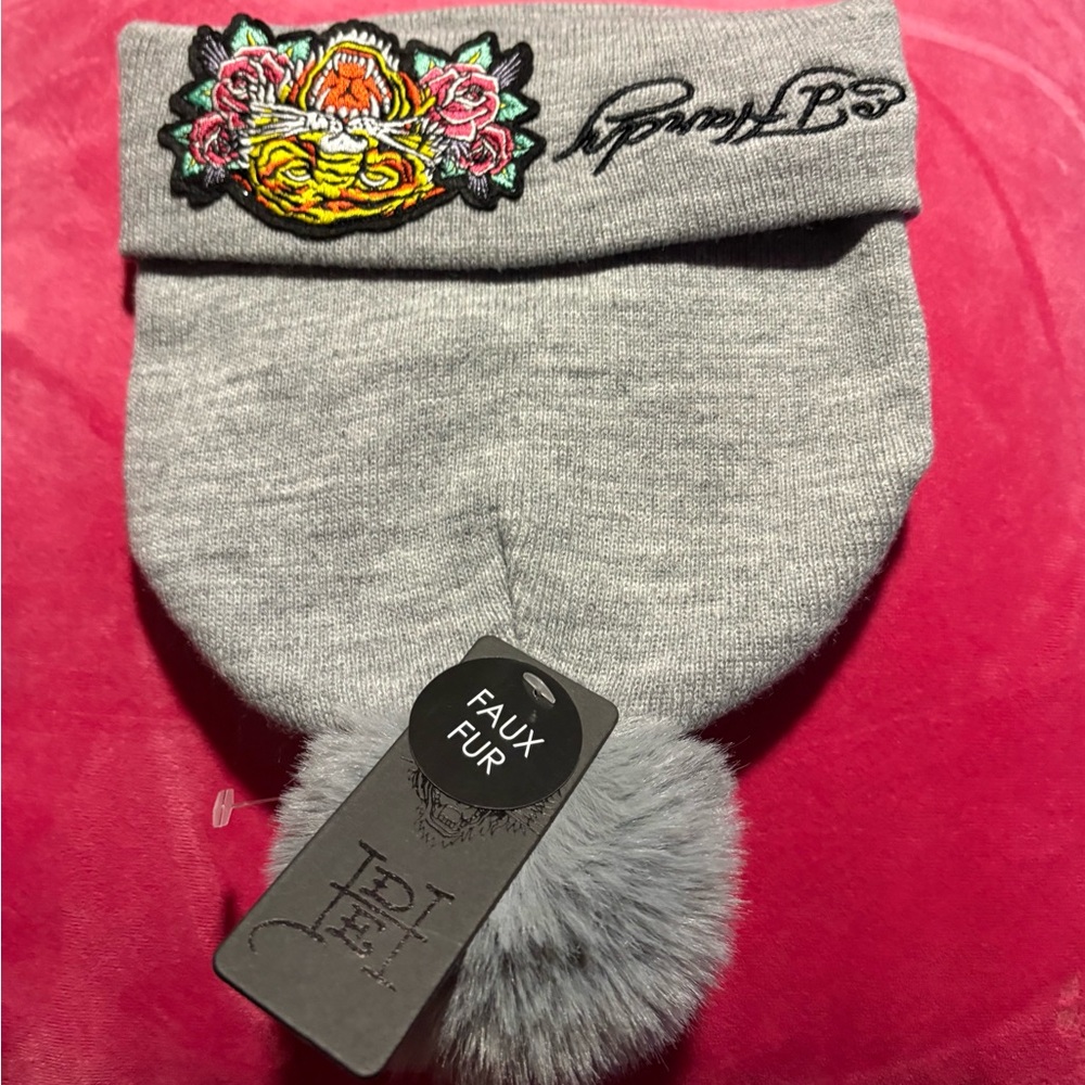 Ed Hardy Gray Beanie with Colorful Embroidery